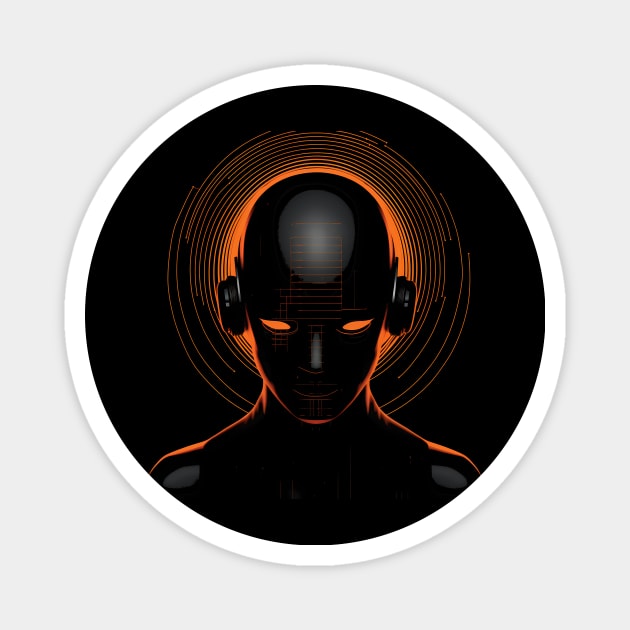 Futuristic techno cyborg - retro orange Magnet by Unelmoija